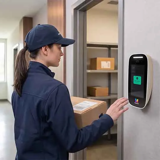 delivery person brings package to building entrance in front of ButterflyMX video intercom, with ButterflyMX dome security camera above